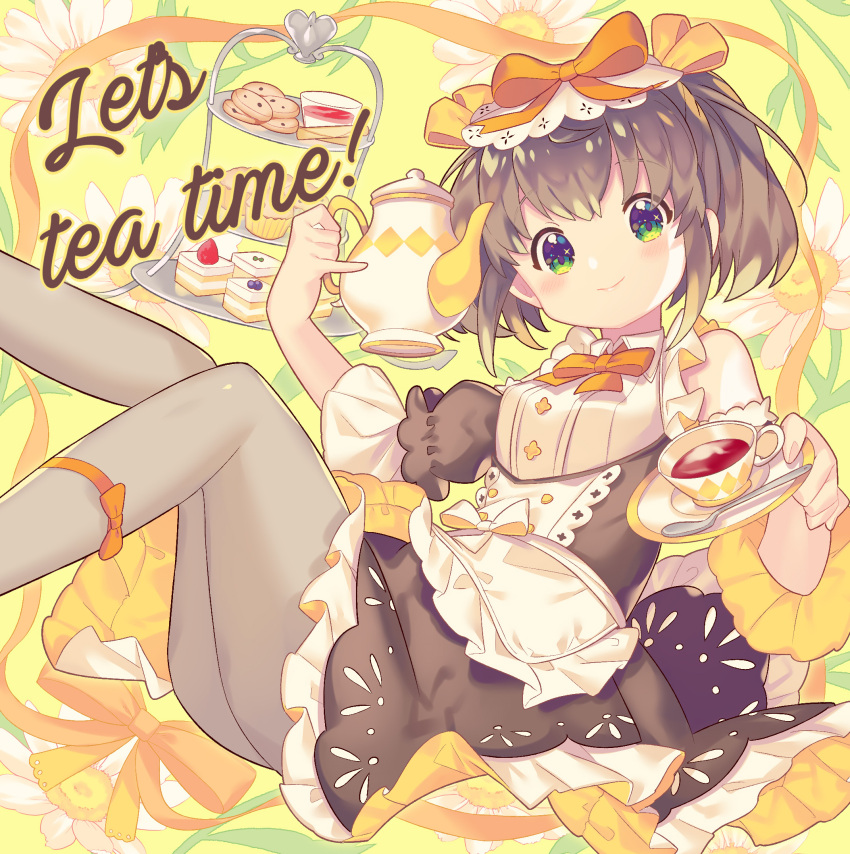 1girl apron bangs bow breasts brown_bow brown_dress brown_hair brown_sleeves closed_mouth commentary_request cookie cup detached_sleeves dress english_text engrish_text eyebrows_visible_through_hair feet_out_of_frame floral_background flower food frilled_apron frilled_dress frills green_eyes grey_legwear highres holding_saucer ikari_(aor3507) knee_up leg_up maid muffin original pantyhose puffy_short_sleeves puffy_sleeves ranguage saucer short_sleeves small_breasts smile solo tea teacup teapot tiered_tray waist_apron white_apron white_flower yellow_background
