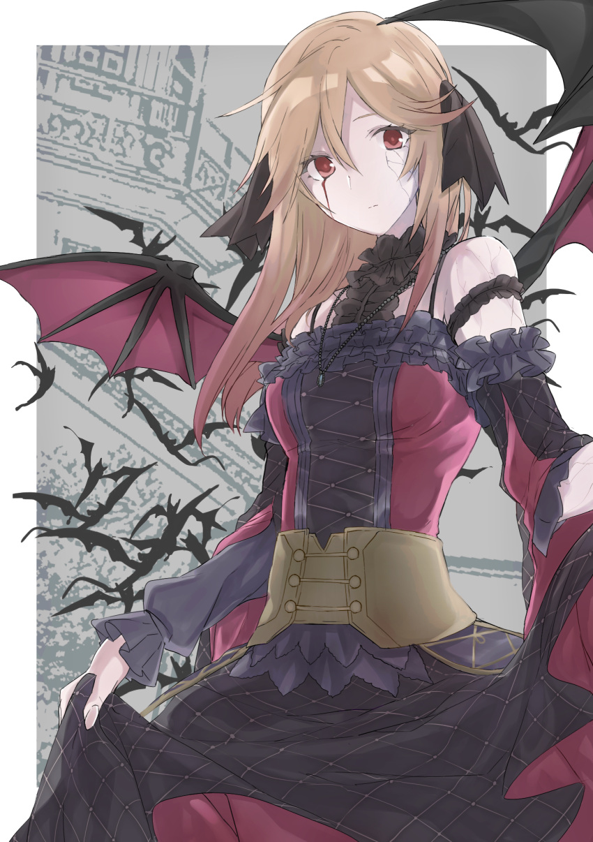 1girl :| arm_scrunchie asymmetrical_bangs bangs bare_shoulders bat bat_wings blonde_hair blood bloody_tears breasts building closed_mouth commentary_request cowboy_shot cracked_skin detached_sleeves dress duel_monster expressionless frilled_dress frilled_shirt_collar frilled_sleeves frills gothic_lolita gradient_hair grey_background hair_between_eyes head_wings highres jewelry lolita_fashion long_hair looking_at_viewer medium_breasts multicolored multicolored_clothes multicolored_dress multicolored_hair necklace pale_skin plaid red_dress red_eyes skirt_hold sleeveless sleeveless_dress strap tsumayouji_(dekosoko) two-tone_background vampire vampire_fraulein white_background wings yuu-gi-ou
