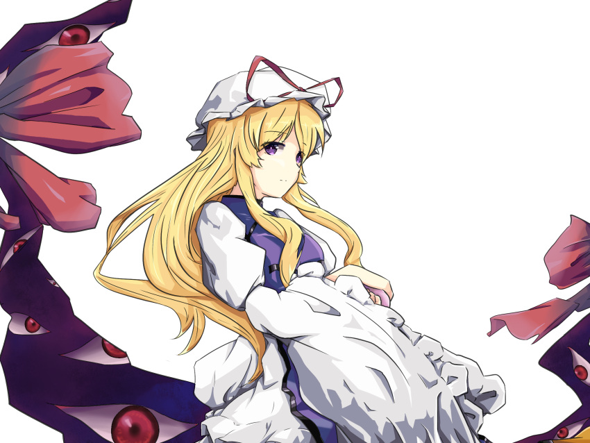 1girl bangs blonde_hair chinese_commentary commentary_request cowboy_shot dress eyebrows_visible_through_hair frilled_sleeves frills gap hat hat_ribbon highres juliet_sleeves long_hair long_sleeves looking_at_viewer mob_cap puffy_sleeves red_ribbon ribbon sidelocks simple_background smile solo t-hou tabard touhou violet_eyes white_background white_dress white_headwear wide_sleeves yakumo_yukari