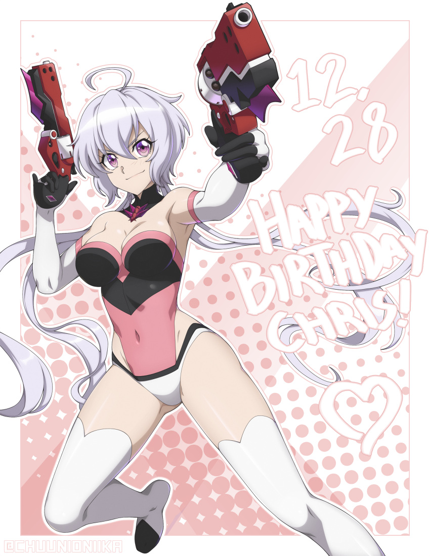 1girl absurdres ahoge aiming_at_viewer bare_shoulders blush breasts chuunioniika covered_navel dated dual_wielding elbow_gloves gloves gun handgun happy_birthday highres holding large_breasts lavender_hair leotard long_hair looking_at_viewer low_twintails red_leotard revolver scrunchie senki_zesshou_symphogear shiny shiny_hair shiny_skin smile solo thigh-highs twintails violet_eyes weapon white_legwear yukine_chris