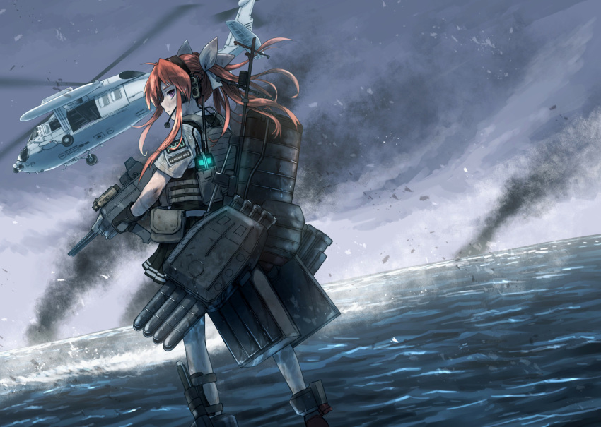 1girl aircraft bangs black_gloves black_skirt closed_mouth didloaded gloves hair_ribbon headphones headset helicopter holding kagerou_(kantai_collection) kantai_collection long_hair machinery ocean orange_hair outdoors pantyhose pleated_skirt pouch profile ribbon rigging shirt short_sleeves sidelocks skirt sky smoke solo standing torpedo torpedo_tubes vest violet_eyes water white_legwear