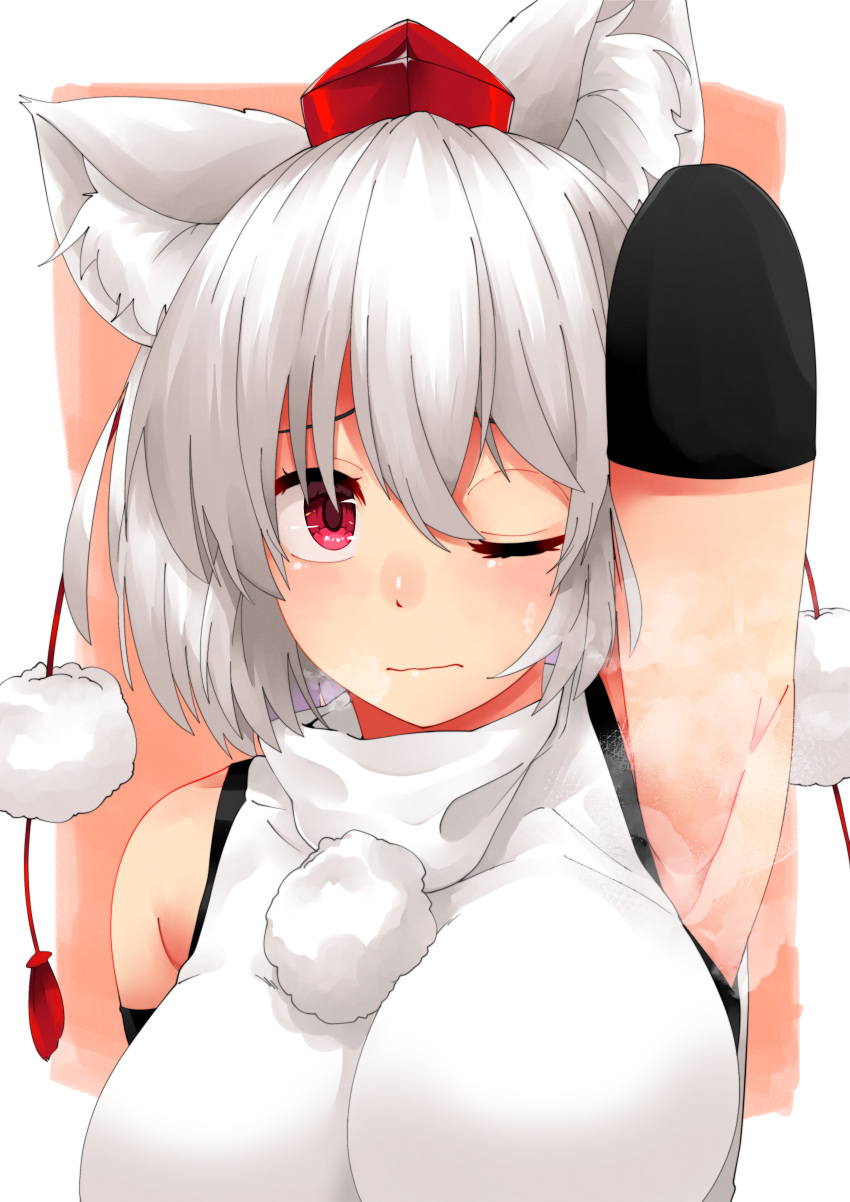 1girl absurdres animal_ears arms_behind_back bare_shoulders breasts detached_sleeves hat highres huge_filesize inubashiri_momiji large_breasts one_eye_closed pom_pom_(clothes) red_eyes shirokaba114 shirt short_hair silver_hair sleeveless sleeveless_shirt solo tokin_hat touhou turtleneck upper_body wavy_mouth white_shirt wolf_ears