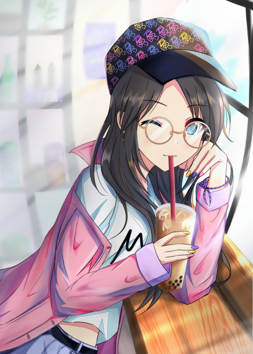 1girl :3 baseball_cap black_hair blue_eyes bubble_tea fisheye glasses gold-framed_eyewear hand_on_own_cheek hat highres idolmaster idolmaster_shiny_colors jacket midriff mitsumine_yuika nail_polish one_eye_closed round_eyewear sipping so_korokoro solo