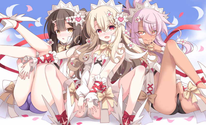 alternate_costume ass bangs black_panties blonde_hair breasts brown_hair chloe_von_einzbern commentary_request dress eyebrows_visible_through_hair fate/kaleid_liner_prisma_illya fate_(series) flower grey_hair hair_between_eyes hair_flower hair_ornament heart illyasviel_von_einzbern legs_up looking_at_viewer miyu_edelfelt panties purple_panties sitting small_breasts smile soukai_(lemonmaiden) spread_legs tongue tongue_out underwear white_panties