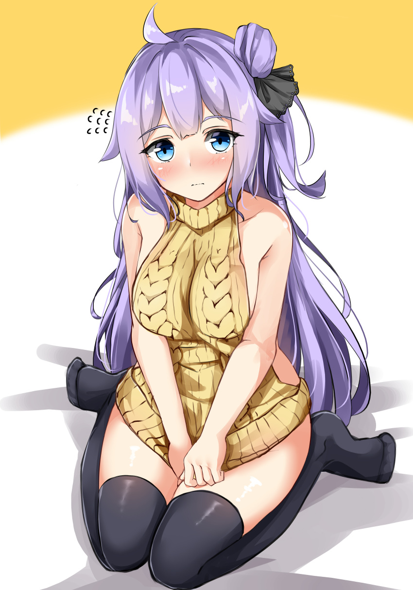 1girl absurdres ahoge aran_sweater azur_lane bare_arms bare_shoulders black_legwear black_ribbon blue_eyes blush breasts brown_sweater closed_mouth flying_sweatdrops hair_bun hair_ribbon highres long_hair medium_breasts meme_attire moyoron no_shoes one_side_up purple_hair ribbed_sweater ribbon side_bun sitting sleeveless sleeveless_sweater sleeveless_turtleneck solo sweater thigh-highs turtleneck turtleneck_sweater unicorn_(azur_lane) v_arms very_long_hair virgin_killer_sweater wariza