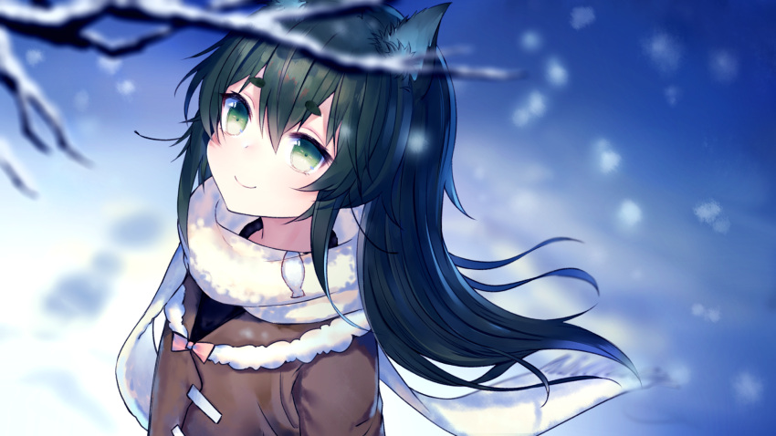 1girl animal_ears bangs black_hair blurry blurry_background blurry_foreground blush brown_jacket closed_mouth commentary_request copyright_request depth_of_field eyebrows_visible_through_hair fur-trimmed_jacket fur_trim green_eyes green_hair hair_between_eyes highres jacket long_hair looking_away ookamisama outdoors scarf short_eyebrows smile snow snowing solo thick_eyebrows tree_branch white_scarf wolf_ears