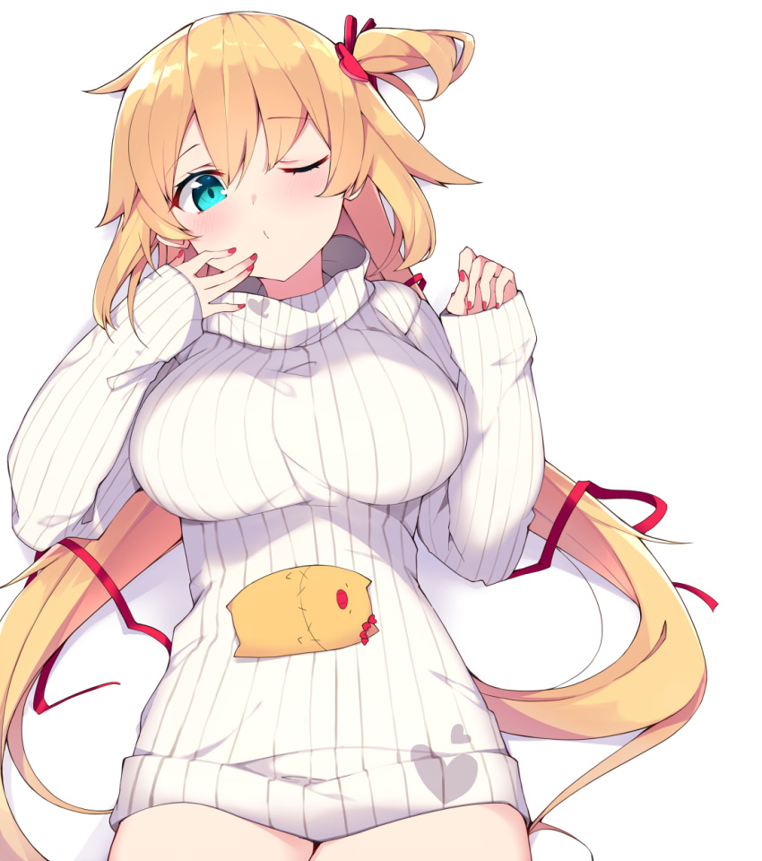 1girl akai_haato aqua_eyes blonde_hair breasts dress hair_ornament hands_up haruyuki_(yukichasoba) highres hololive large_breasts long_hair long_sleeves looking_at_viewer lying nail_polish on_side one_eye_closed one_side_up red_nails red_ribbon ribbed_sweater ribbon shadow solo sweater sweater_dress turtleneck turtleneck_sweater very_long_hair virtual_youtuber white_background