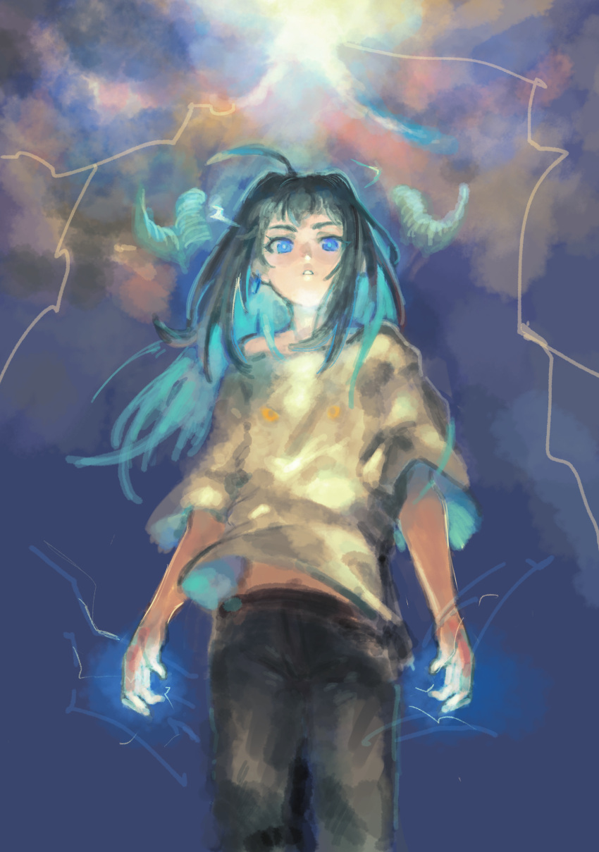 1girl absurdres ahoge black_hair black_legwear blue_eyes clouds cloudy_sky earrings electricity glowing highres horns jewelry maido_mido navel original outdoors parted_lips sky solo standing thunder