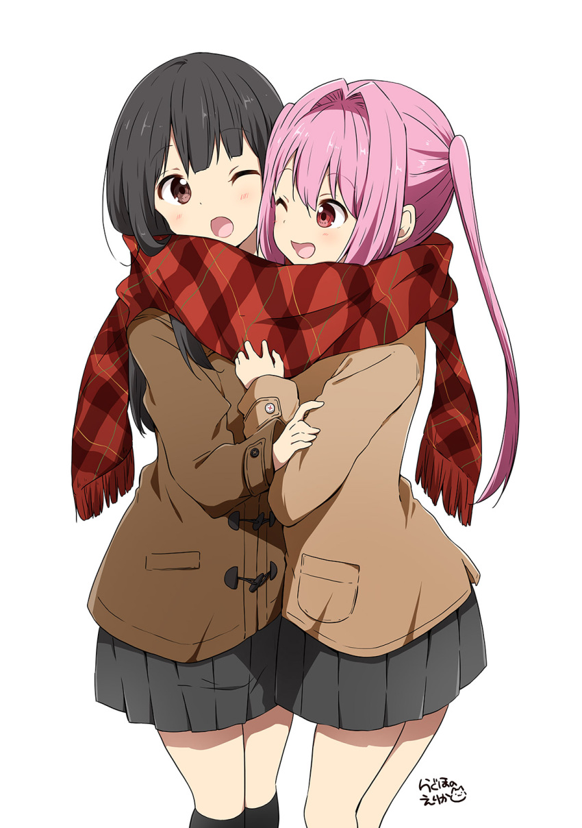 2girls ;d bangs black_hair black_legwear blush brown_eyes brown_jacket chijou_noko chikanoko commentary_request eyebrows_visible_through_hair grey_skirt hair_intakes highres jacket kneehighs long_hair long_sleeves multiple_girls one_eye_closed open_mouth pink_hair plaid plaid_scarf pleated_skirt ragho_no_erika red_eyes red_scarf scarf shared_scarf simple_background skirt sleeves_past_wrists smile translated tsugou_makina twintails very_long_hair white_background