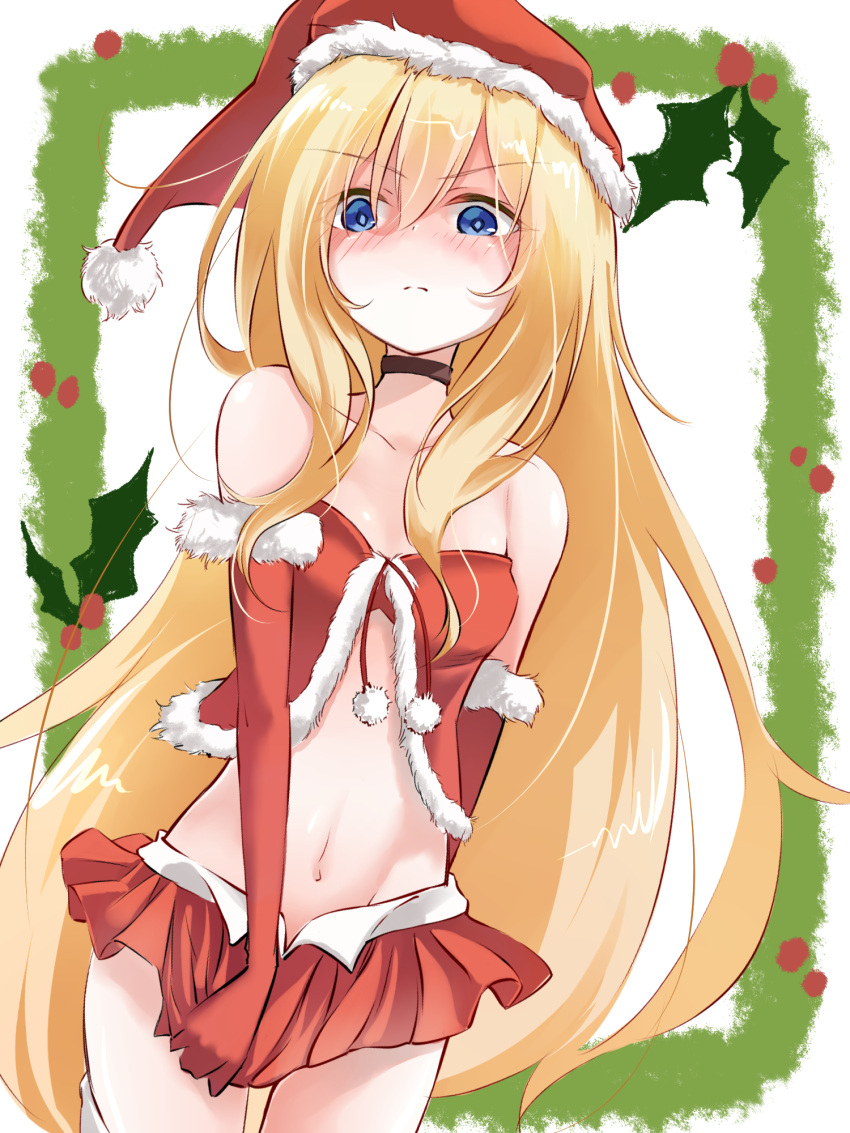 1girl bare_shoulders black_choker blonde_hair blue_eyes blush bra breasts choker christmas commentary_request crop_top elbow_gloves embarrassed frown fur-trimmed_gloves fur_trim gabriel_dropout gloves groin hair_between_eyes hat highres long_hair looking_at_viewer midriff miniskirt navel pleated_skirt pom_pom_(clothes) red_bra red_gloves revealing_clothes santa_hat sazanka serious skirt skirt_tug small_breasts solo strapless tenma_gabriel_white underwear very_long_hair