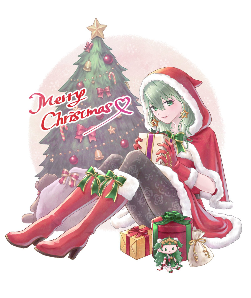 1girl alternate_costume boots bow box byleth_(fire_emblem) byleth_eisner_(female) candy candy_cane character_doll christmas_ornaments christmas_tree earrings fire_emblem fire_emblem:_three_houses fire_emblem_heroes food fur_trim gift gift_bag gift_box gloves green_eyes green_hair high_heel_boots high_heels highres holding hood hood_up jewelry knees_up medium_hair merry_christmas oront1y pantyhose parted_lips red_gloves sack sitting solo sothis_(fire_emblem) stuffed_animal stuffed_toy teddy_bear