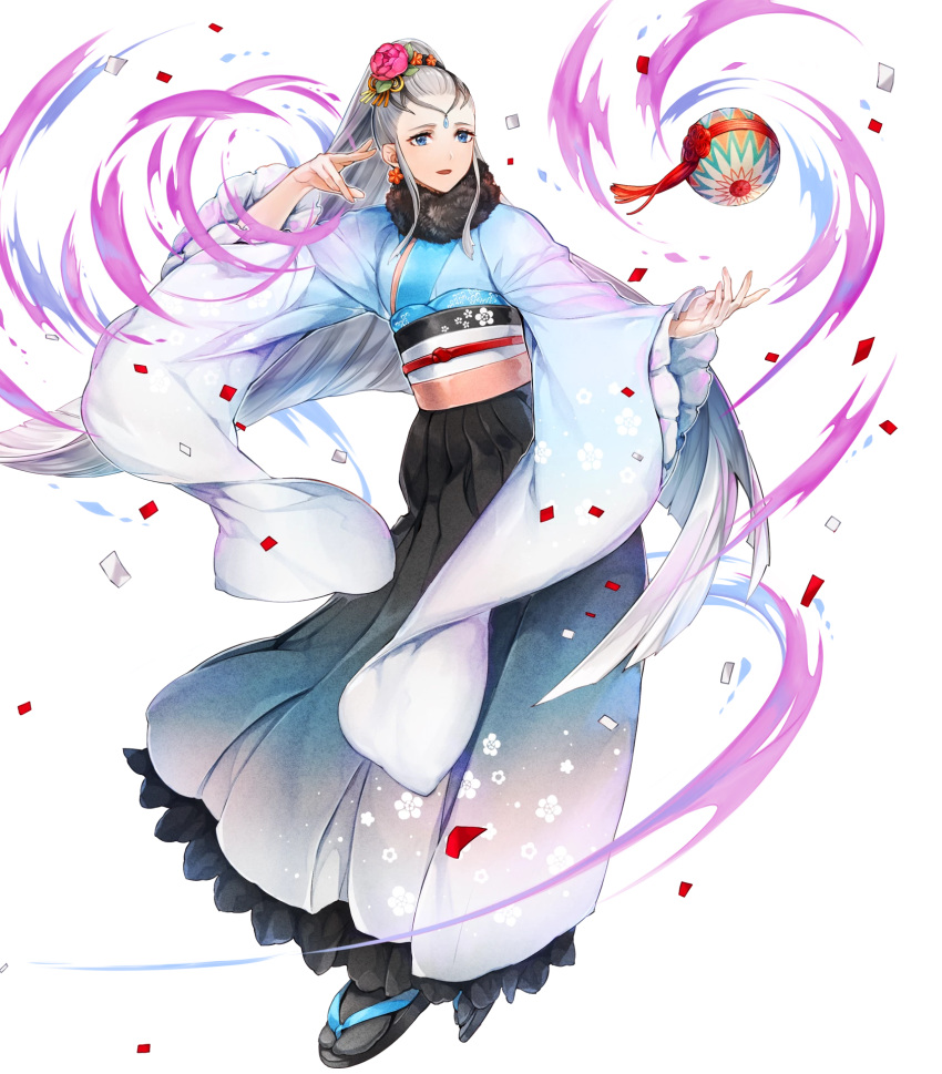 1girl black_legwear blue_eyes earrings eir_(fire_emblem) fire_emblem fire_emblem_heroes floral_print full_body fur_trim gradient gradient_clothes hair_ornament highres itou_noiji japanese_clothes jewelry kimono long_hair obi official_art sandals sash shiny shiny_hair sidelocks silver_hair solo tabi tied_hair very_long_hair wide_sleeves