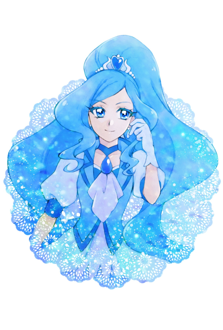 1girl aizen_(syoshiyuki) blue_eyes blue_gloves blue_hair blue_neckwear blue_theme blue_vest choker closed_mouth colored_eyelashes cure_fontaine earrings gem gloves hair_ornament healin'_good_precure heart heart_hair_ornament highres jewelry long_hair looking_at_viewer magical_girl ponytail precure puffy_sleeves sawaizumi_chiyu smile solo upper_body vest