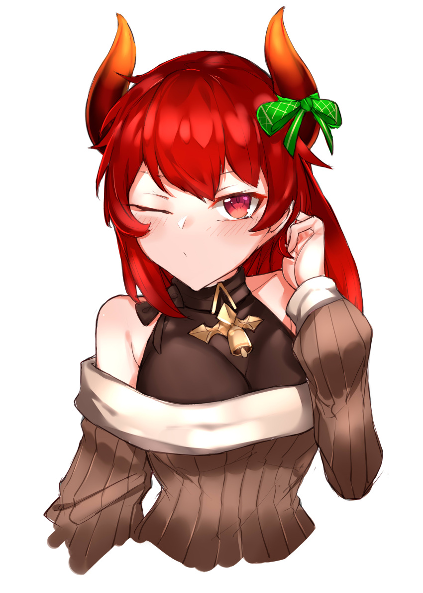 1girl absurdres bangs bare_shoulders bell black_shirt blush bow breasts brown_sweater choumi_wuti_(xueye_fanmang_zhong) closed_mouth cropped_torso demon_horns dola_(nijisanji) green_bow hand_up highres horn_bow horns large_breasts long_hair long_sleeves nijisanji off-shoulder_sweater off_shoulder one_eye_closed puffy_long_sleeves puffy_sleeves red_eyes redhead ribbed_sweater shirt simple_background sleeveless sleeveless_shirt solo sweater upper_body v-shaped_eyebrows virtual_youtuber white_background