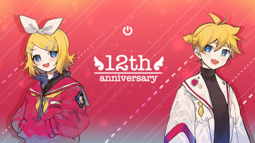 1boy 1girl :d absurdres anniversary arms_at_sides bangs black_sweater blonde_hair blue_eyes commentary_request dotted_line fang flipped_hair hair_between_eyes hair_ornament hairclip hands_in_pocket highres jacket kagamine_len kagamine_rin long_sleeves looking_at_viewer neckerchief open_clothes open_jacket open_mouth ponytail popped_collar red_background red_hoodie sailor_collar short_hair skin_fang smile sweater swept_bangs turtleneck turtleneck_sweater upper_body vocaloid white_jacket yamada_ichi yellow_neckwear