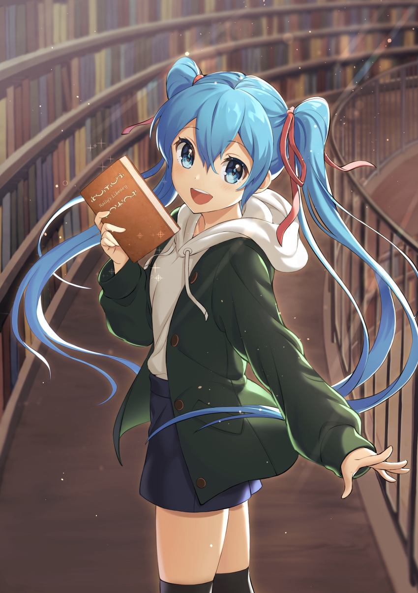 1girl :d absurdres alternate_costume black_legwear blue_eyes blue_hair blue_shorts blush book bookshelf casual coat commentary_request cowboy_shot drawstring english_text eyebrows_visible_through_hair gen_(gen_m_gen) green_coat hair_ribbon hatsune_miku highres holding holding_book hood hood_down indoors lens_flare library long_hair long_sleeves looking_at_viewer open_clothes open_coat open_mouth railing red_ribbon ribbon round_teeth shorts smile solo sparkle teeth thigh-highs twintails upper_teeth very_long_hair vocaloid white_hoodie