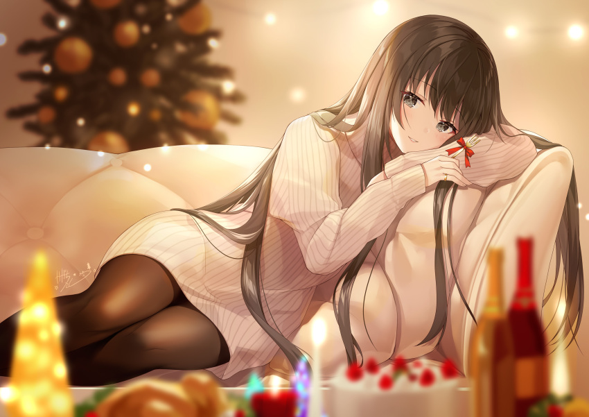 1girl bangs blurry blurry_background blurry_foreground bottle bow brown_hair brown_legwear cake christmas christmas_ornaments christmas_tree couch depth_of_field eyebrows_visible_through_hair fanbox_reward feet_out_of_frame food fork grey_eyes highres holding holding_fork juliet_sleeves kagachi_saku long_hair long_sleeves looking_at_viewer on_couch original paid_reward pantyhose parted_lips puffy_sleeves red_bow ribbed_sweater signature solo sweater very_long_hair