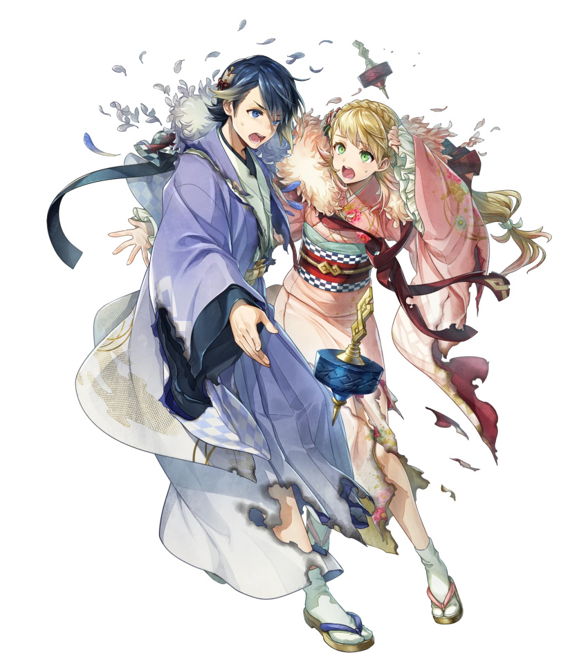 1boy 1girl alfonse_(fire_emblem) argon_(exys) bangs blonde_hair blue_eyes blue_hair fire_emblem fire_emblem_heroes floral_print full_body gradient gradient_hair green_eyes highres japanese_clothes kimono long_hair low-tied_long_hair multicolored_hair obi official_art pink_hair sandals sash sharena short_hair tabi tied_hair transparent_background wide_sleeves