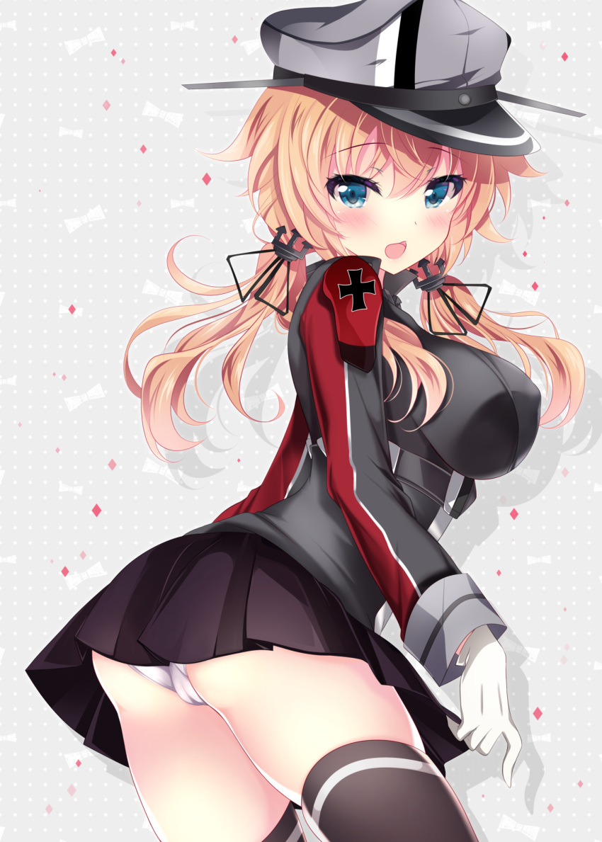 1girl anchor_hair_ornament ass bangs black_gloves black_skirt blonde_hair blue_eyes blush breasts covered_nipples eyebrows_visible_through_hair fanbox_reward from_side gloves hair_between_eyes hair_ornament hat highres ichiyou_moka index_finger_raised kantai_collection large_breasts long_hair long_sleeves looking_at_viewer looking_back low_twintails military military_hat military_uniform open_mouth paid_reward panties pantyshot pantyshot_(standing) peaked_cap pleated_skirt prinz_eugen_(kantai_collection) simple_background skirt solo standing standing_on_one_leg thigh-highs thighs twintails twitter_username underwear uniform upskirt white_background white_panties