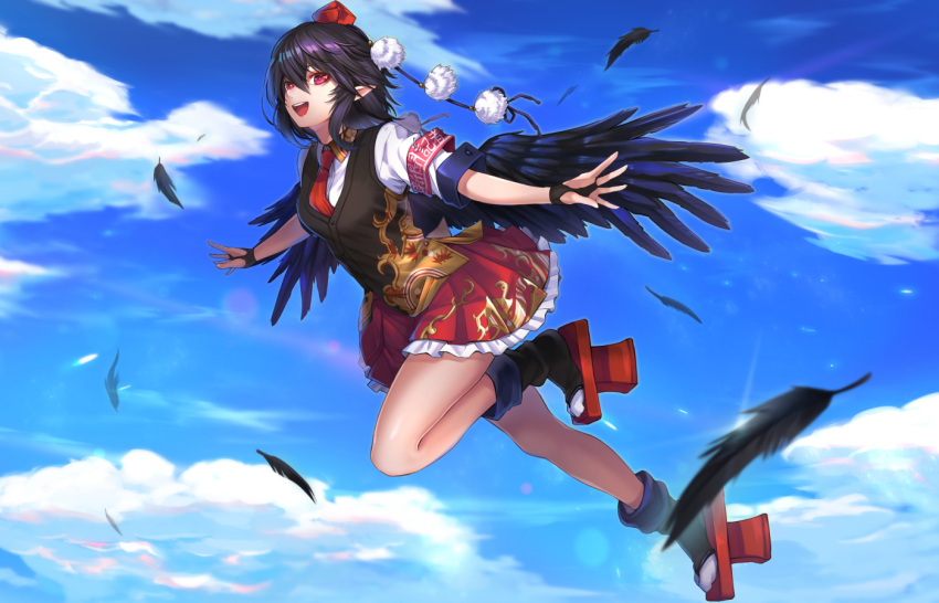 1girl :d armband bangs bare_legs black_gloves black_hair black_legwear black_vest blue_sky breasts bridal_gauntlets clouds commentary_request day feathers full_body geta gloves hair_between_eyes hat looking_at_viewer miniskirt necktie open_mouth outdoors outstretched_arms petticoat pointy_ears pom_pom_(clothes) re_(re_09) red_eyes red_neckwear red_skirt shameimaru_aya shirt short_hair short_sleeves sidelocks skirt sky small_breasts smile solo tassel tengu-geta thighs tokin_hat touhou vest white_shirt