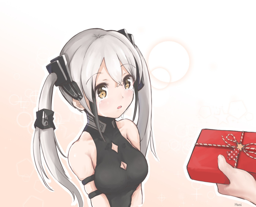 1girl christmas christmas_gift cleavage_cutout commentary_request crying crying_with_eyes_open destroyer_(girls_frontline) eyebrows_visible_through_hair girls_frontline giving hani_(v2ictory) sangvis_ferri tears twintails white_hair yellow_eyes