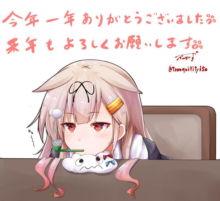 1girl artist_name baileys_(tranquillity650) ball blonde_hair chair commentary_request eyebrows_visible_through_hair gradient_hair hair_flaps hair_ornament hair_ribbon hairclip head_rest highres kantai_collection long_hair looking_at_viewer miss_cloud multicolored_hair pipe_in_mouth red_eyes redhead remodel_(kantai_collection) ribbon signature simple_background sitting solo table translation_request white_background yuudachi_(kantai_collection)