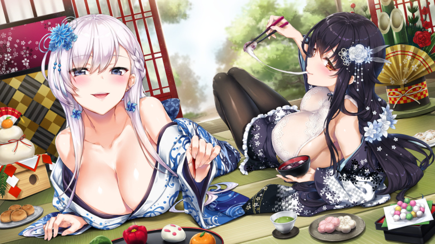 2girls azur_lane bamboo bangs bare_shoulders belfast_(azur_lane) black_hair black_legwear blue_flower blue_kimono blush braid breasts chopsticks collarbone cup day earrings eating eyebrows_visible_through_hair flower food french_braid fruit green_tea hair_between_eyes hair_flower hair_ornament hisasi holding holding_chopsticks indoors japanese_clothes jewelry kagami_mochi kimono knees_up large_breasts legs_together long_hair looking_at_viewer lying mandarin_orange multiple_girls new_year off-shoulder_kimono on_back on_stomach open_door open_mouth pantyhose plate reaching_out red_flower round_teeth sliding_doors smile tea teeth tongue tree violet_eyes white_flower white_hair white_kimono