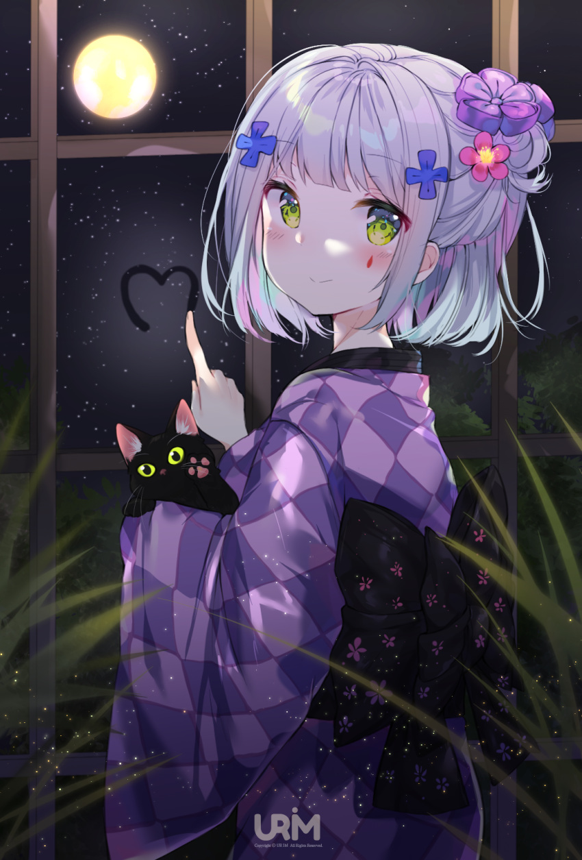 1girl animal animal_ear_fluff argyle_kimono back_bow bangs black_bow black_cat blunt_bangs blush bow cat closed_mouth eyebrows_visible_through_hair facial_mark flower full_moon girls_frontline green_eyes green_sclera hair_bun hair_flower hair_ornament heart highres hk416_(girls_frontline) holding holding_animal holding_cat indoors japanese_clothes kimono long_sleeves looking_at_viewer looking_back moon night paws pink_flower purple_kimono side_bun sidelocks smile solo urim_(paintur) whiskers window window_writing yukata