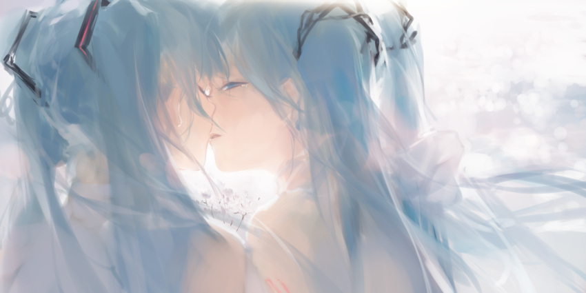 2girls bangs bare_back bare_shoulders blue_eyes blue_hair blue_theme clone closed_eyes eyelashes from_behind grey_shirt hair_ornament half-closed_eyes hatsune_miku highres imminent_kiss long_hair multiple_girls portrait profile scarf selfcest shirt spencer_sais tears twintails vocaloid white_scarf yuri