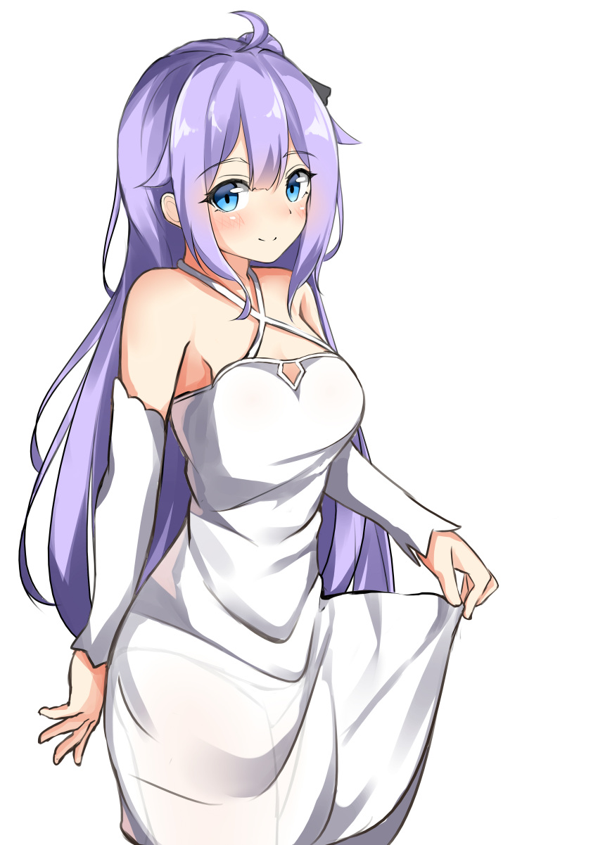 1girl absurdres ahoge azur_lane bangs bare_shoulders black_ribbon blue_eyes blush breasts closed_mouth criss-cross_halter detached_sleeves dress eyebrows_visible_through_hair hair_between_eyes hair_bun hair_ribbon halterneck highres long_hair long_sleeves looking_at_viewer medium_breasts moyoron panties purple_hair ribbon see-through side_bun simple_background smile solo underwear unicorn_(azur_lane) very_long_hair white_background white_dress white_panties white_sleeves