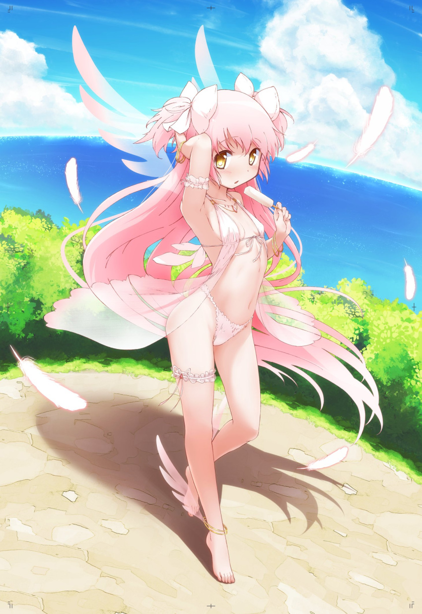 arm_strap bikini blue_sky breasts clouds energy_wings feathers food goddess_madoka highres kaname_madoka leg_strap long_hair mahou_shoujo_madoka_magica maminagireo navel ocean outdoors pink_hair popsicle sky small_breasts swimsuit very_long_hair yellow_eyes