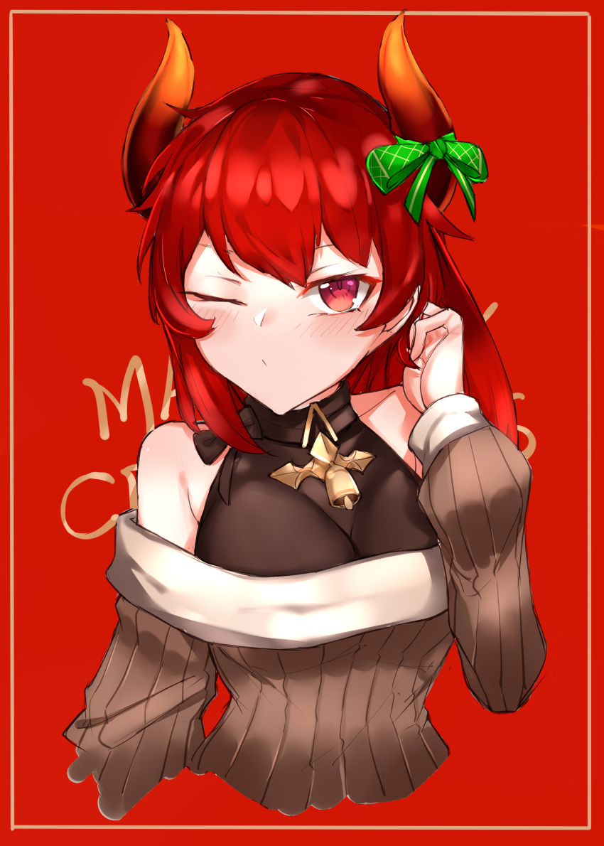 1girl absurdres background_text bangs bare_shoulders bell black_shirt blush bow breasts brown_sweater choumi_wuti_(xueye_fanmang_zhong) closed_mouth commentary_request cropped_torso demon_horns dola_(nijisanji) green_bow hand_up highres horn_bow horns large_breasts long_hair long_sleeves merry_christmas nijisanji off-shoulder_sweater off_shoulder one_eye_closed puffy_long_sleeves puffy_sleeves red_background red_eyes redhead ribbed_sweater shirt sleeveless sleeveless_shirt solo sweater upper_body v-shaped_eyebrows virtual_youtuber