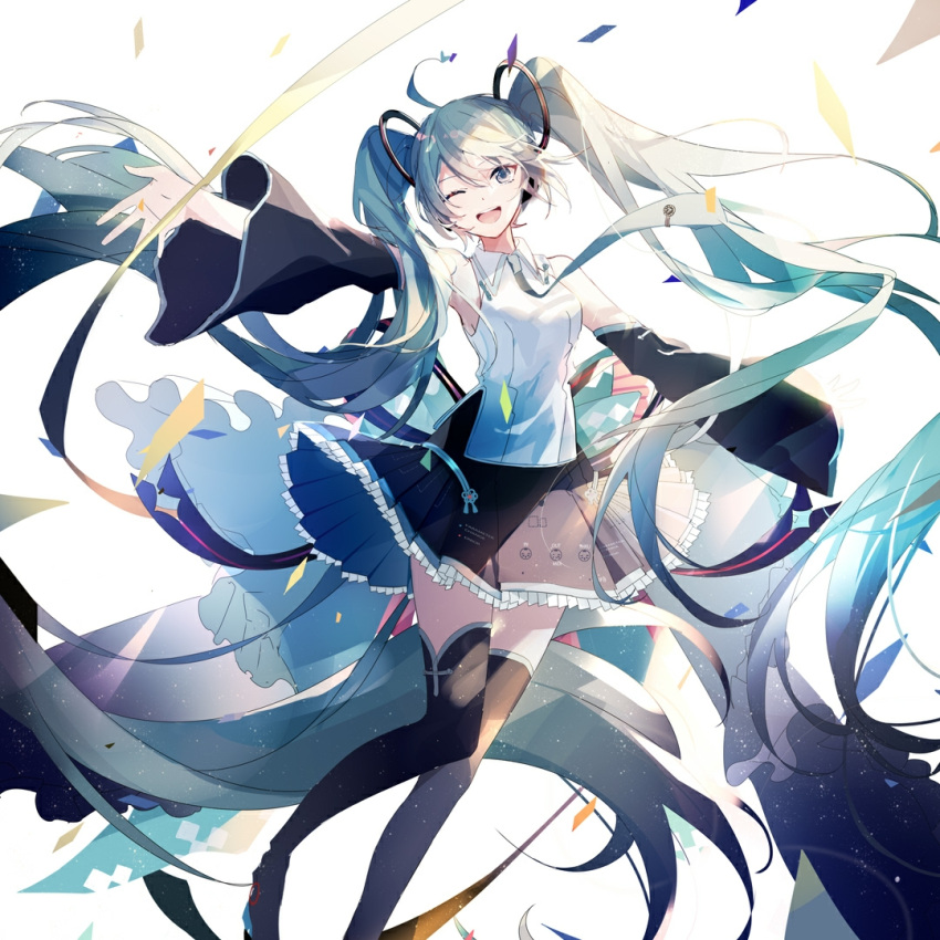 1girl absurdly_long_hair ahoge amatsukiryoyu aqua_eyes aqua_hair aqua_neckwear bare_shoulders black_legwear black_skirt black_sleeves commentary confetti detached_sleeves feet_out_of_frame frilled_skirt frills hair_ornament hatsune_miku hatsune_miku_(vocaloid4)_(chinese) headphones headset long_hair looking_at_viewer necktie one_eye_closed open_mouth outstretched_arms outstretched_hand ribbon shirt sidelighting skirt sleeveless sleeveless_shirt smile solo standing thigh-highs twintails very_long_hair vocaloid white_background white_shirt zettai_ryouiki
