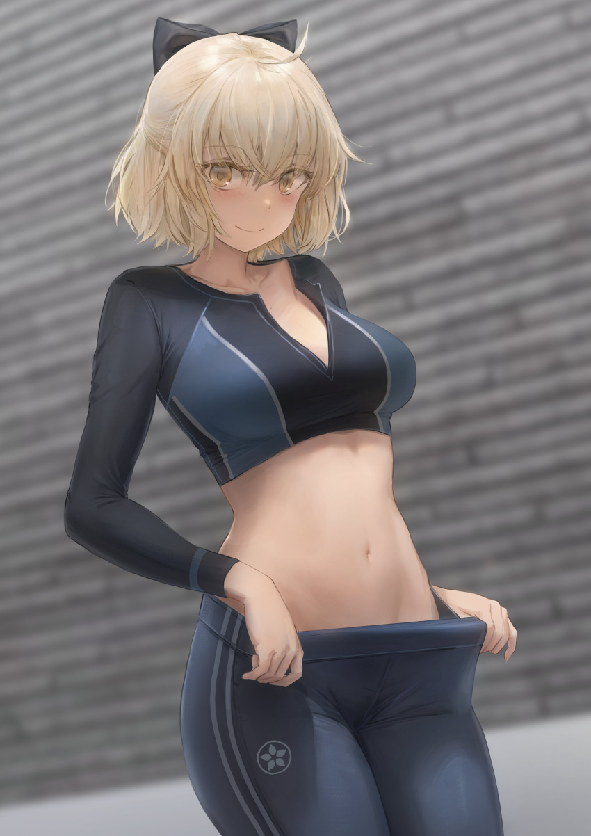 1girl absurdres adjusting_clothes ahoge bangs blonde_hair blush bow breasts collarbone commentary_request cowboy_shot cropped_shirt eyebrows_visible_through_hair fate/grand_order fate_(series) groin hair_between_eyes hair_bow hair_ornament highres long_sleeves looking_at_viewer medium_breasts midriff navel okita_souji_(fate) okita_souji_(fate)_(all) pants short_hair sidelocks smile solo sportswear standing stomach toned yellow_eyes yohan1754