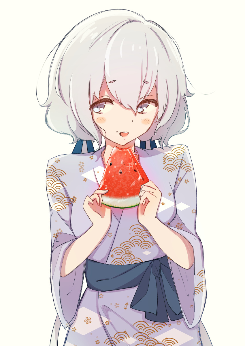 1girl absurdres blue_eyes blush carrion1129 food fruit hair_ribbon highres holding holding_food japanese_clothes kimono konno_junko low_twintails ribbon sash solo twintails upper_body watermelon white_background white_hair yukata zombie_land_saga