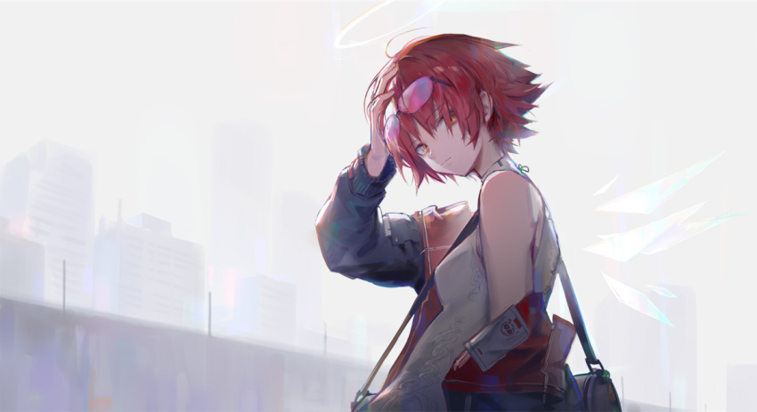1girl antenna_hair arknights bag bangs bare_shoulders black_jacket breasts cityscape closed_mouth commentary_request energy_wings expressionless exusiai_(arknights) eyewear_on_head fog from_side grey_background hair_strand halo hand_on_own_head huanxiang_heitu jacket leaning_back looking_at_viewer looking_back messenger_bag off_shoulder redhead shirt short_hair shoulder_bag sleeveless sleeveless_turtleneck small_breasts solo strap sunglasses turtleneck white_shirt wings yellow_eyes