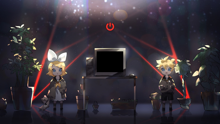 1boy 1girl :o absurdres aqua_eyes bangs black_sailor_collar black_shorts blonde_hair blue_eyes bow cactus cardigan chibi computer cpu dark dress flipped_hair flower hair_bow hair_ornament hairclip highres holding holding_stuffed_animal kagamine_len kagamine_rin laser_beam long_sleeves looking_at_viewer matching_outfit monitor mouse_(computer) open_cardigan open_clothes plant potted_plant reflective_floor sailor_collar sailor_dress short_hair shorts side_ponytail sleeves_past_fingers sleeves_past_wrists socks standing stuffed_animal stuffed_toy table teddy_bear thigh-highs tulip vocaloid white_bow white_dress yamada_ichi zettai_ryouiki
