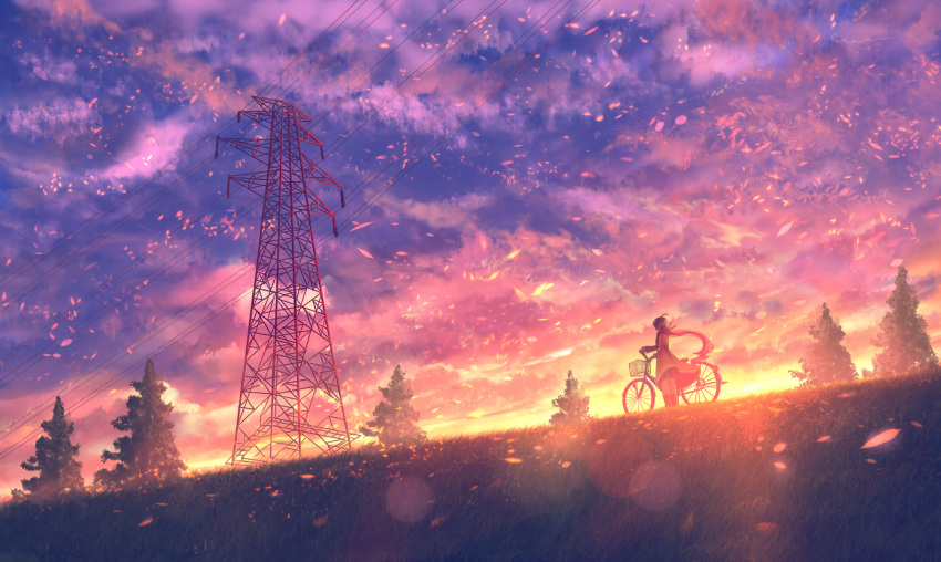 1girl ahoge basket bicycle bicycle_basket clouds cloudy_sky commentary_request dress dusk floating_hair from_below full_body grass ground_vehicle highres lens_flare long_hair long_sleeves looking_afar original outdoors petals power_lines sakimori_(hououbds) scenery sidesaddle sky solo sunlight sunset transmission_tower tree twilight walking_bike wind wind_lift