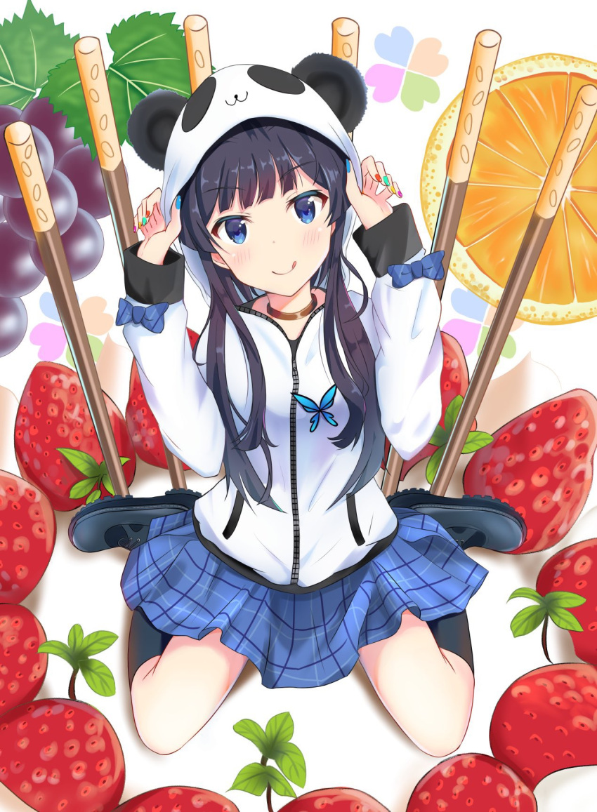 1girl :d adjusting_clothes bangs black_hair black_legwear blue_eyes blunt_bangs bow bug butterfly food fruit grapes highres idolmaster idolmaster_million_live! insect jewelry kneehighs long_sleeves looking_at_viewer mogami_shizuka multicolored multicolored_nails nail_polish neck_ring open_mouth orange orange_slice panda_hood plaid plaid_skirt pocky shoes sitting skirt smile so_korokoro solo strawberry wariza