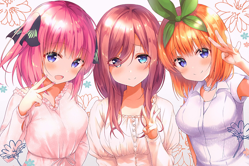 3girls :d amedamacon arm_up armpit_peek artist_name bangs black_ribbon blush breasts brown_hair closed_mouth collarbone collared_shirt dress eyebrows_visible_through_hair eyes_visible_through_hair fingernails floral_background go-toubun_no_hanayome gradient gradient_background green_ribbon grey_background hair_between_eyes hair_over_one_eye hair_ribbon hand_up highres juliet_sleeves long_hair long_sleeves looking_at_viewer medium_breasts multiple_girls nail_polish nakano_miku nakano_nino nakano_yotsuba open_mouth orange_hair pink_dress pink_hair pink_nails puffy_sleeves ribbon shirt short_sleeves siblings sisters sleeveless sleeveless_shirt smile two_side_up upper_body v violet_eyes w white_background white_dress white_shirt