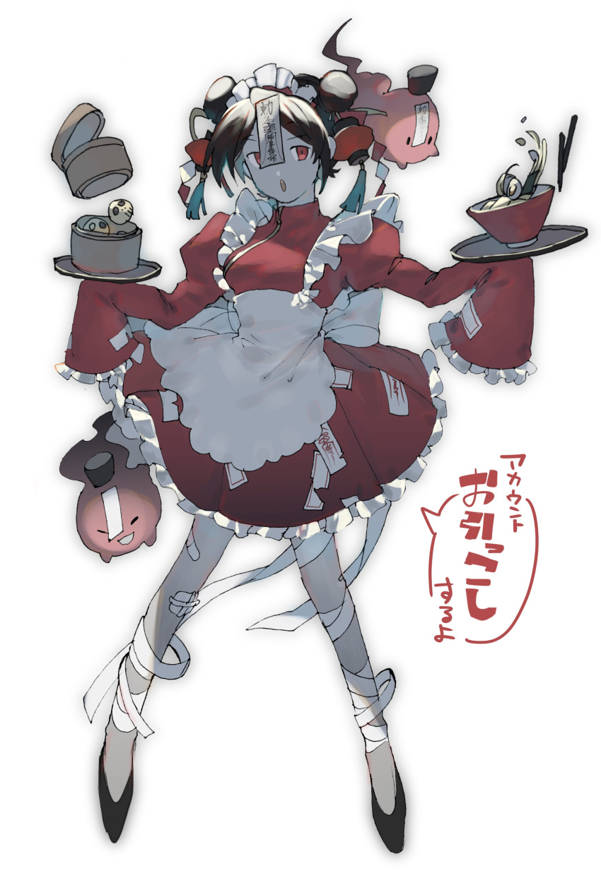 1girl absurdres bandaged_arm bandages bandaid bandaid_on_knee black_eyes black_footwear bow brown_hair chinese_clothes chopsticks double_bun dress dumpling eyebrows_visible_through_hair floating food frilled_dress frills ghost hair_bun highres holding holding_plate jiangshi kakuremino_(mnt55) maid maid_headdress noodles open_mouth original plate red_eyes simple_background sleeves_past_wrists smile solo talisman white_background white_bow