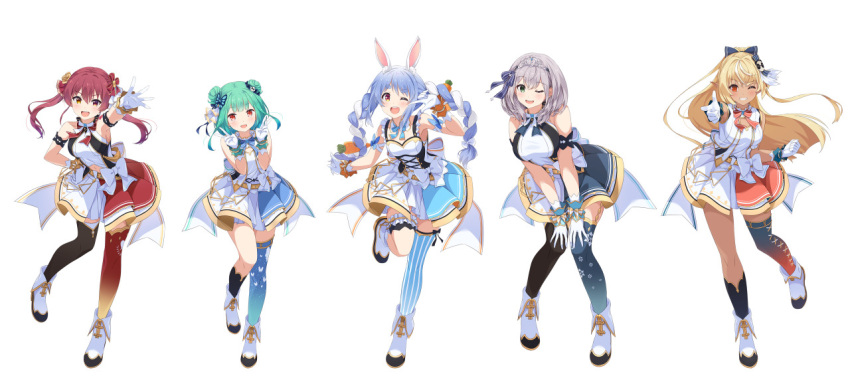 animal_ear_fluff animal_ears animal_print armband armpits black_legwear blonde_hair blue_bow blue_hair blue_legwear blue_skirt blush bow breasts butterfly_hair_ornament butterfly_print carrot dark_skin double_bun double_v dress frills full_body gloves gradient gradient_legwear green_hair green_skirt grin hair_bow hair_ornament hands_on_thighs heterochromia hololive idol_clothes index_finger_raised large_breasts leaning_forward light_blue_skirt looking_at_viewer narumi_nanami navel official_art one_eye_closed open_mouth orange_skirt pointing pointing_at_self rabbit_ears red_bow red_eyes red_legwear red_skirt silver_hair simple_background single_thighhigh skirt sleeveless smile standing standing_on_one_leg striped striped_legwear thigh-highs tiara two_side_up v vertical-striped_legwear vertical_stripes virtual_youtuber white_background white_bow white_dress white_footwear white_gloves white_hair wrist_cuffs yellow_eyes zettai_ryouiki