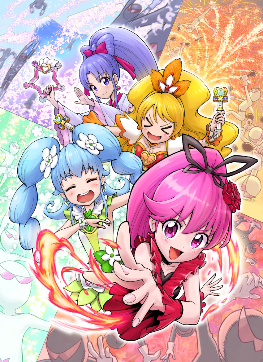 &gt;_&lt; 4girls :d aino_megumi anmitsu_komachi blonde_hair blue_hair bow bow_by_hair cherry_blossoms cherry_flamenco choiark choker closed_eyes closed_mouth coconut_samba cure_fortune cure_honey cure_lovely cure_princess dancing detached_sleeves fire flipped_hair flower fortune_tambourine green_bow hair_bow hair_flower hair_ornament happinesscharge_precure! happy highres hikawa_iona holding holding_wand ito_user_2810a japanese_clothes kimono long_hair looking_at_viewer macadamia_hula_dance magical_girl mountain multiple_girls oomori_yuuko open_mouth pink_bow pink_eyes pink_hair ponytail precure purple_hair red_flower red_rose red_sleeves rose shirayuki_hime smile twintails violet_eyes waist_bow wand white_kimono xd
