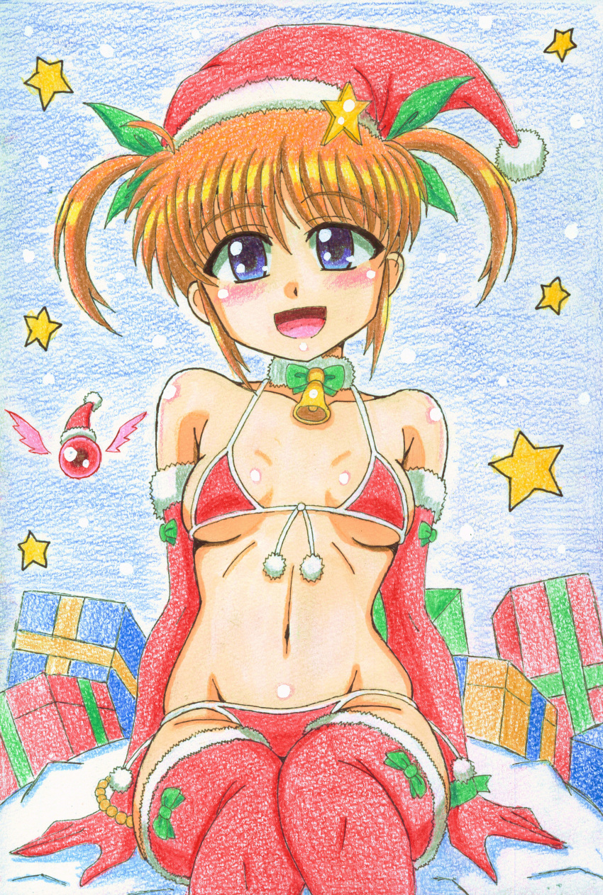 1girl absurdres bikini blue_background blue_eyes blush breasts breasts_apart brown_hair christmas christmas_present collarbone elbow_gloves gh9000 gloves groin hair_ornament hair_ribbon hat highres looking_at_viewer lyrical_nanoha mahou_shoujo_lyrical_nanoha mahou_shoujo_lyrical_nanoha_a's micro_bikini navel open_mouth red_bikini red_gloves red_legwear ribbon santa_hat shiny shiny_hair shiny_skin short_hair short_twintails simple_background sitting small_breasts smile snowing solo star star_hair_ornament swimsuit takamachi_nanoha thigh-highs twintails