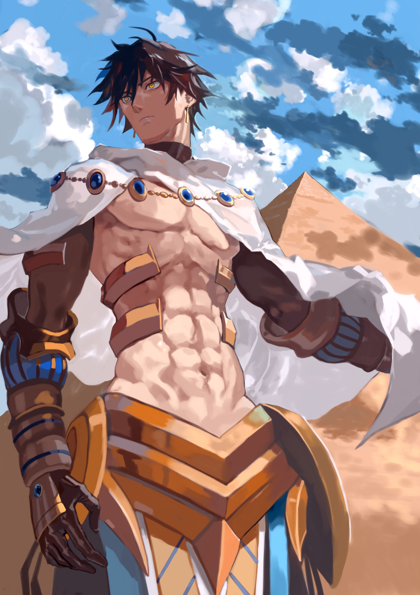 1boy abs absurdres bangs bare_chest black_hair bob_(biyonbiyon) brown_gloves cape closed_mouth clouds day earrings egyptian egyptian_clothes fate/grand_order fate/prototype fate_(series) gem gloves gold_trim highres jewelry male_focus outdoors ozymandias_(fate) pyramid shirtless sky solo white_cape yellow_eyes