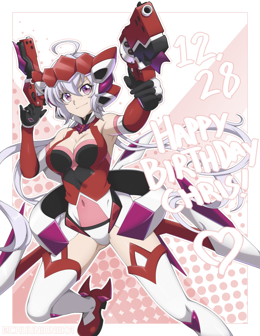 1girl absurdres ahoge aiming_at_viewer bare_shoulders blush breasts chuunioniika covered_navel dated dual_wielding elbow_gloves gloves gun handgun happy_birthday headgear highres holding large_breasts lavender_hair leotard long_hair looking_at_viewer low_twintails red_leotard revolver scrunchie senki_zesshou_symphogear shiny shiny_hair shiny_skin smile solo thigh-highs twintails violet_eyes weapon white_legwear yukine_chris