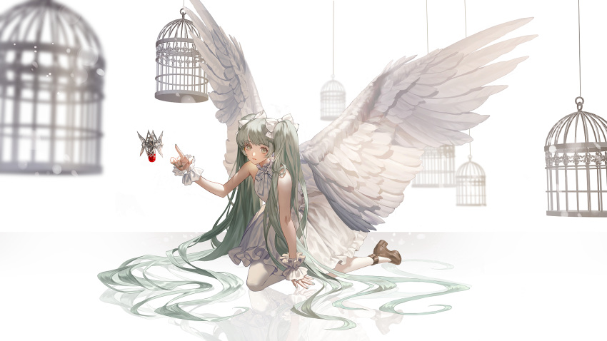 1girl arm_support bangs birdcage blurry bow breasts brown_footwear cage depth_of_field dress fajyobore323 feathered_wings floating floating_object full_body green_eyes green_hair green_nails hair_bow hair_over_shoulder hatsune_miku highres index_finger_raised kneeling long_hair looking_at_viewer microphone nail_polish neck_ribbon outstretched_arm pantyhose reflective_floor ribbon shoes sleeveless sleeveless_dress small_breasts solo spread_wings twintails very_long_hair vocaloid white_background white_bow white_dress white_legwear white_neckwear white_ribbon white_wings wings wrist_cuffs