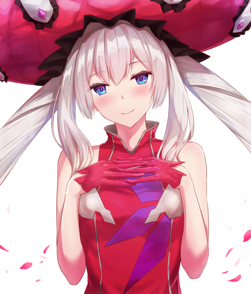 1girl bangs bare_arms bare_shoulders blue_eyes blush closed_mouth dress eyebrows_visible_through_hair fate/grand_order fate_(series) frilled_hat frills gloves hat highres long_hair looking_at_viewer marie_antoinette_(fate/grand_order) own_hands_together petals pink_dress pink_gloves pink_headwear sakaokasan silver_hair simple_background sleeveless sleeveless_dress smile solo twintails upper_body very_long_hair white_background