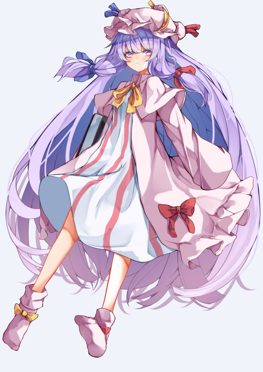 1girl absurdres bangs blue_bow blunt_bangs bow bowtie capelet closed_mouth crescent crescent_hat_ornament dress expressionless eyebrows_visible_through_hair frills full_body hair_ribbon hat hat_ornament highres long_hair long_sleeves looking_at_viewer mob_cap patchouli_knowledge purple_capelet purple_hair red_bow ribbon simple_background sleeves_past_fingers sleeves_past_wrists socks solo striped touhou tress_ribbon tsune_(tune) vertical_stripes very_long_hair violet_eyes white_background white_dress wide_sleeves yellow_bow yellow_bowtie