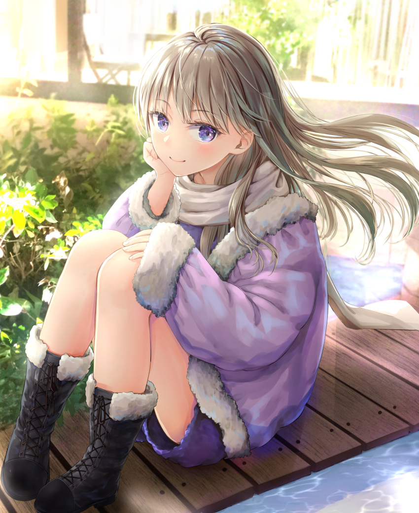 1girl akasaka_asa black_footwear blue_eyes blush boots brown_hair bush closed_mouth coat commentary_request day floating_hair full_body fur-trimmed_boots fur-trimmed_sleeves fur_trim grey_scarf hand_on_own_cheek hand_on_own_knee highres knee_boots knees_up long_hair long_sleeves looking_at_viewer original purple_coat purple_shorts scarf shorts sitting smile solo sunlight water wins winter_clothes winter_coat